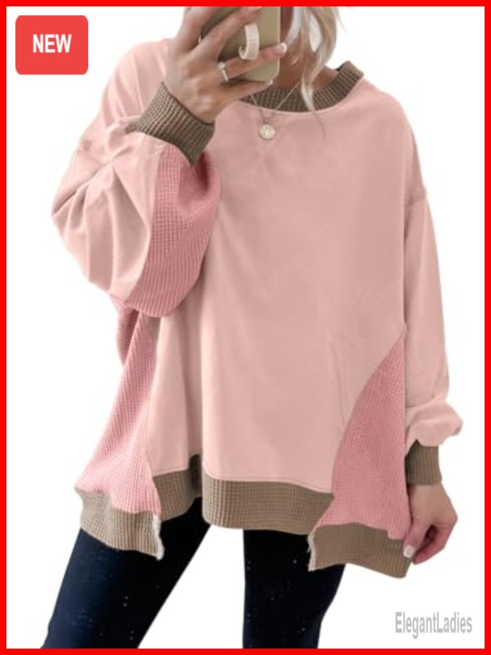 Waffle Knit Color Block Oversized Crew Neck Sweatshirt Long Sleeve Top
